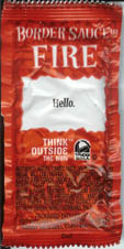 Fire Sauce Packet Reading "Hello"